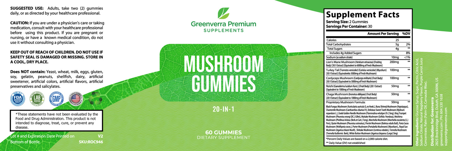 Greenverra Mushroom Gummies — 20-in-1 Brain, Energy & Immune Support